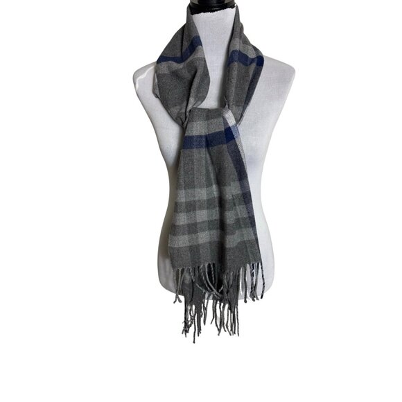 Winter Plaid Cashmere Feel Scarf Tassels Grey Blue Italian Design Warm Gift - Picture 5 of 13